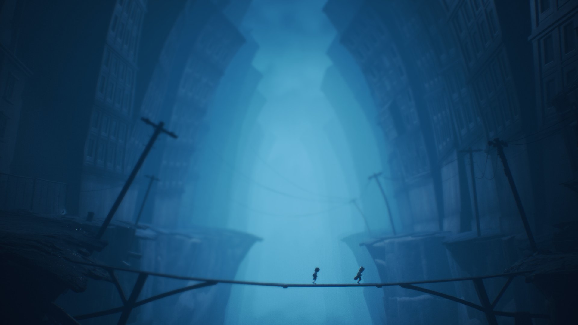 4K Ultra HD wallpaper featuring Six and Mono from the video game Little Nightmares II standing on a precarious bridge in a dark, eerie environment.