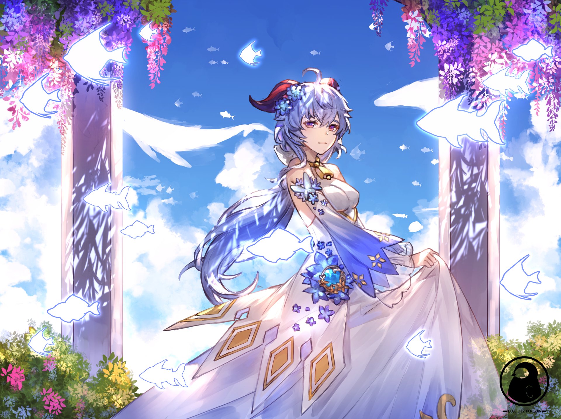 HD PC desktop wallpaper featuring Ganyu from the video game Genshin Impact, standing gracefully amidst blooming flowers and glowing white birds under a bright blue sky.