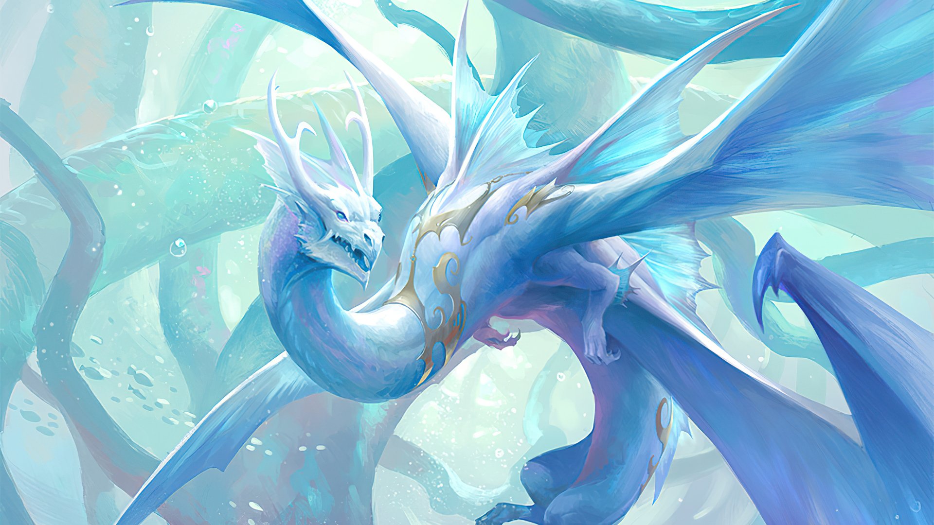 A majestic blue dragon with glowing accents soars through a mystical, icy forest in this 4K Ultra HD fantasy PC desktop wallpaper.