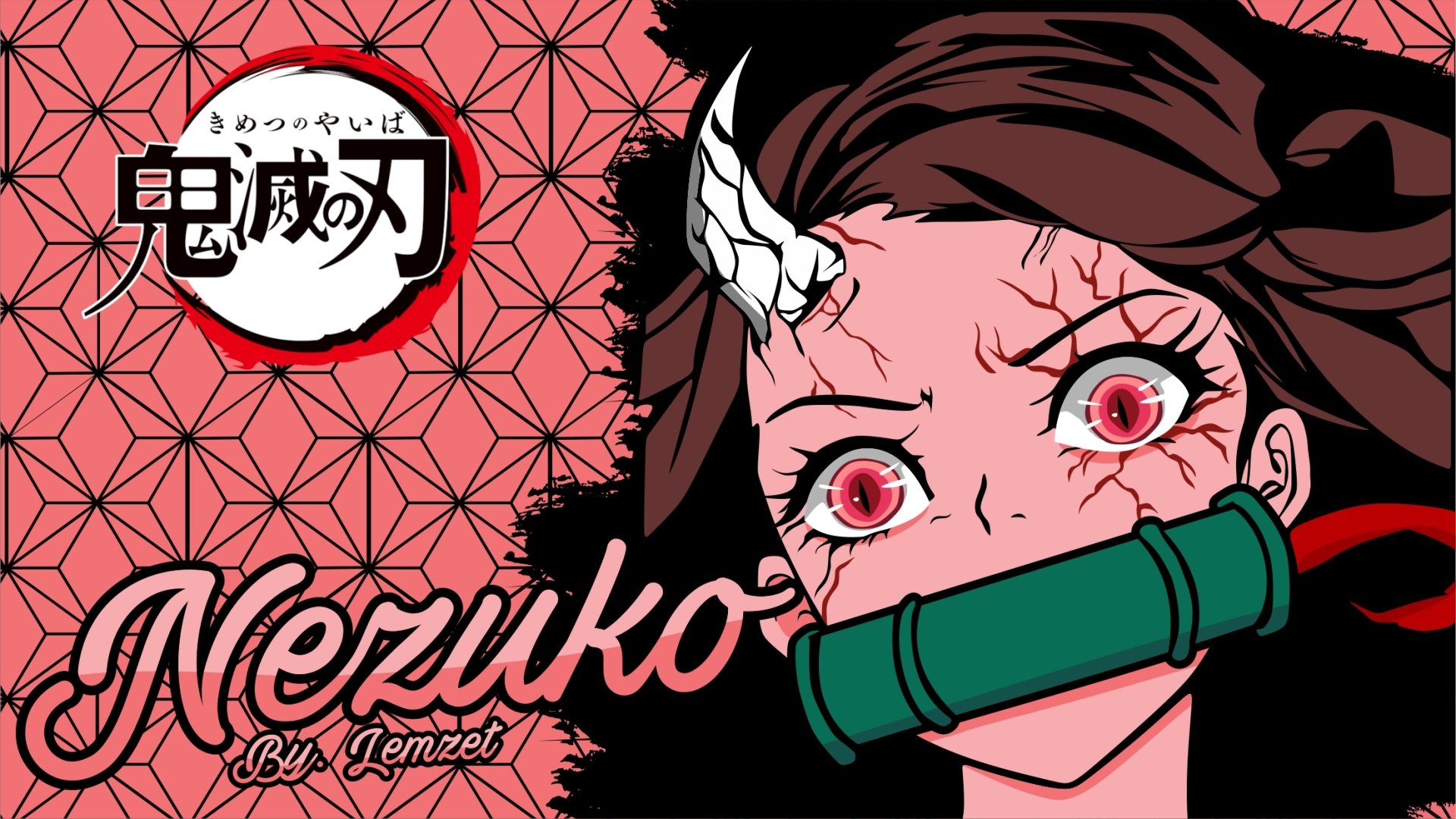 HD PC desktop wallpaper featuring Nezuko from the anime Demon Slayer: Kimetsu no Yaiba, with vibrant red eyes and signature bamboo muzzle against a patterned background.