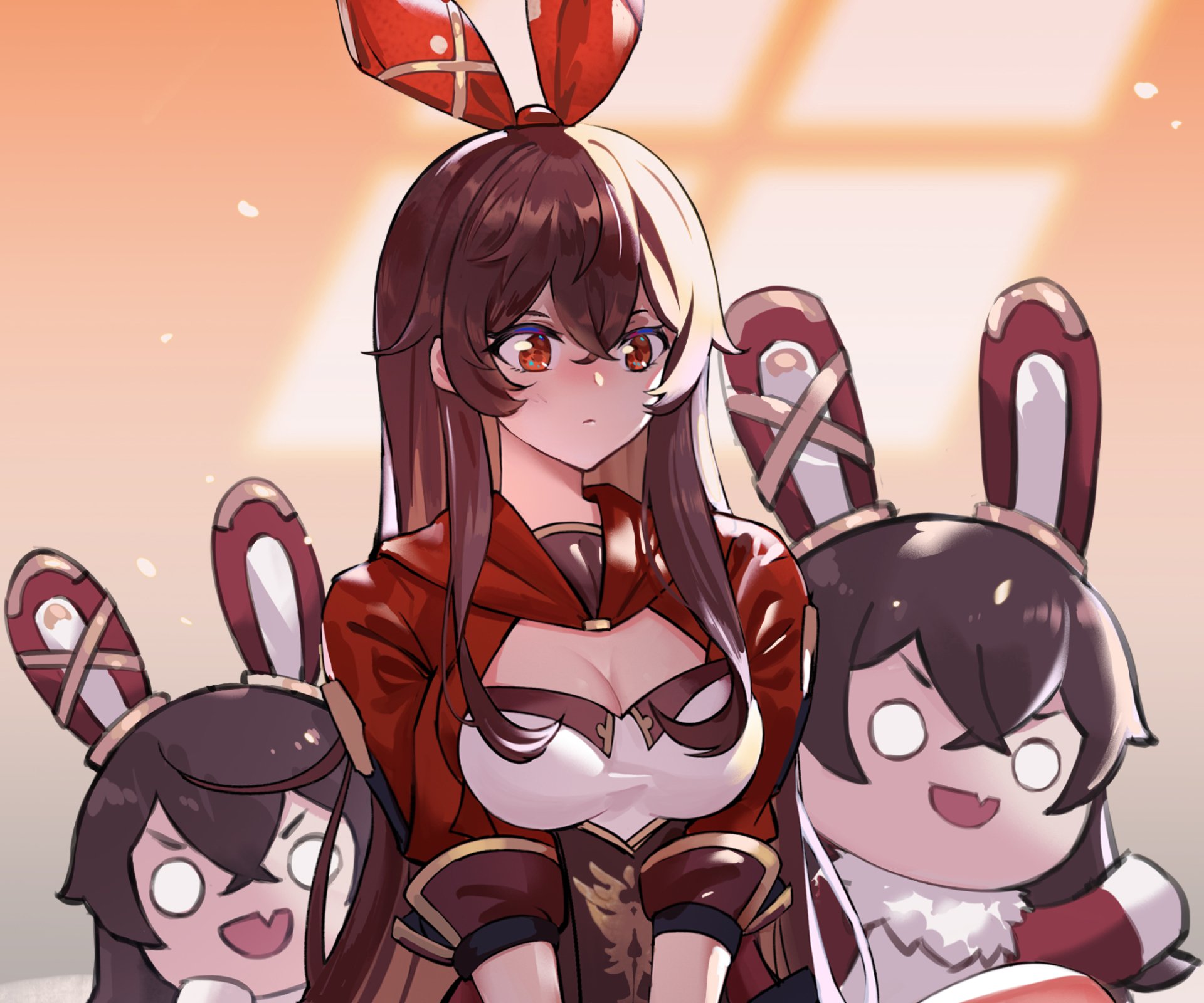 HD desktop wallpaper featuring Amber from Genshin Impact, with brown hair and brown eyes, against a light background. She is accompanied by small characters with bunny ears.