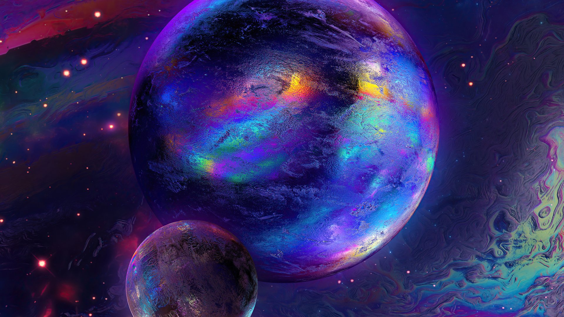 Vivid 4K Ultra HD sci-fi wallpaper depicting a glowing, colorful planet with a smaller moon against a cosmic space backdrop.