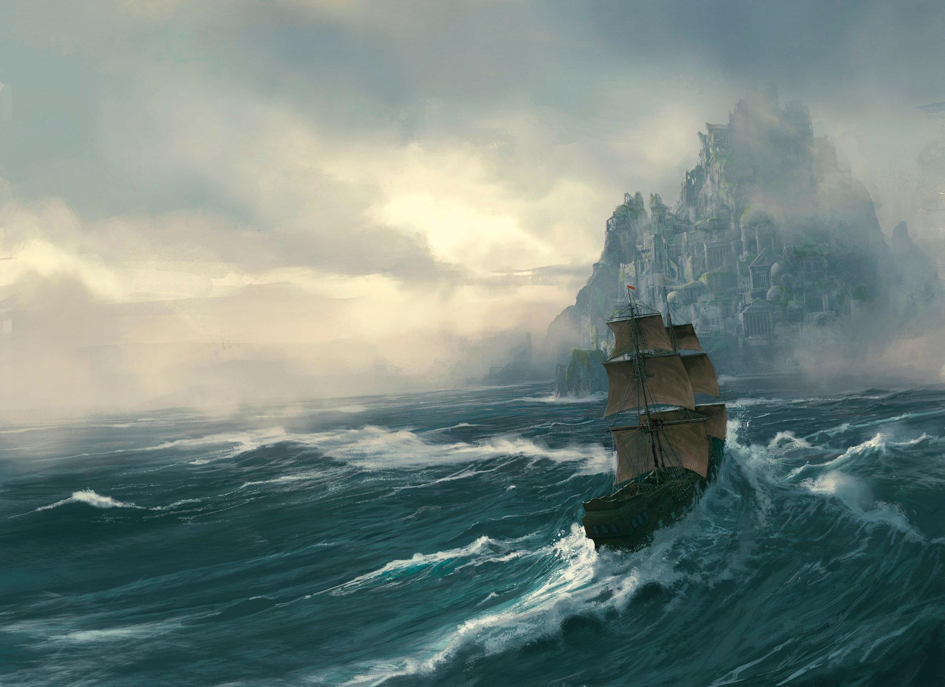 A HD fantasy wallpaper showing a ship battling stormy seas near a mysterious island, enveloped in mist and dramatic waves.