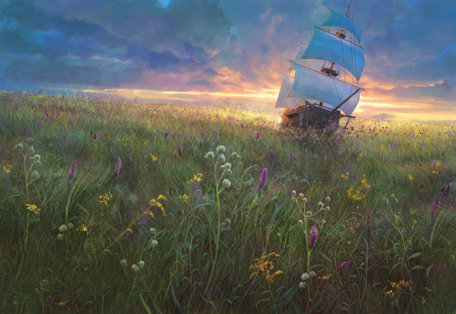 A fantasy HD desktop wallpaper featuring a ship sailing through tall grassy fields with a dramatic sunset and clouds in the background.