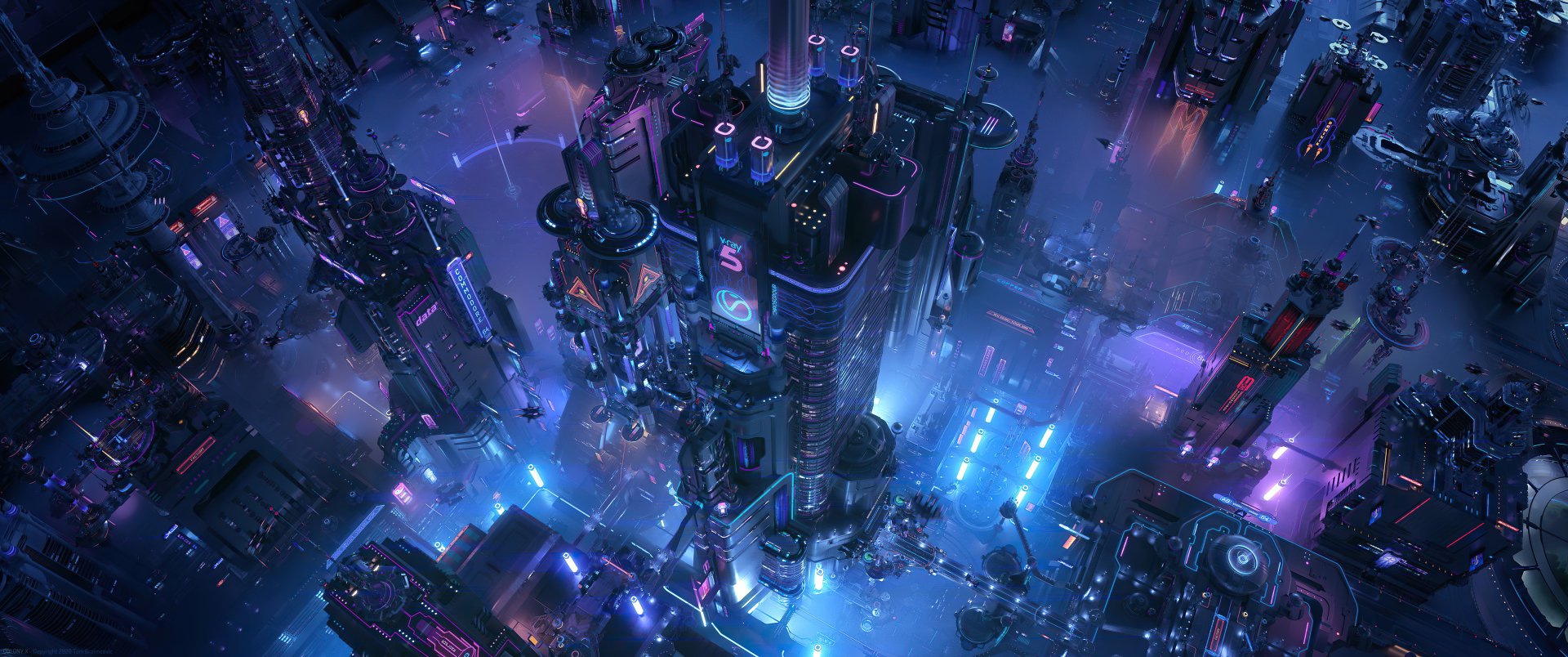 A high-definition wallpaper featuring a neon-lit, cyberpunk cityscape with towering skyscrapers. The vibrant sci-fi setting is illuminated with various shades of blue and purple, creating a futuristic atmosphere.