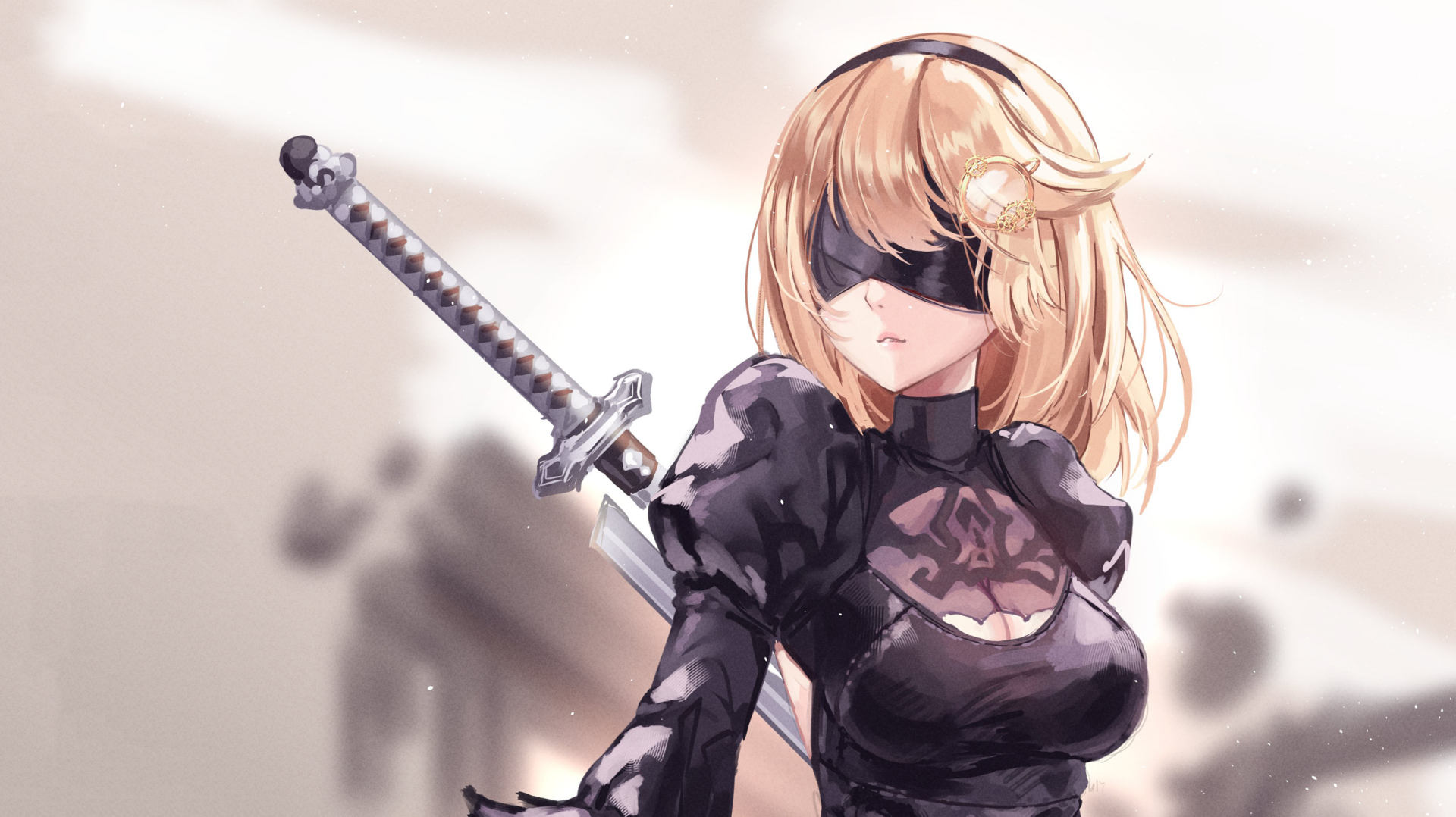 Anime crossover HD wallpaper featuring YoRHa No.2 Type B (NieR: Automata) with elements of Watson Amelia (Virtual Youtuber). The character stands in a detailed background wielding a sword.