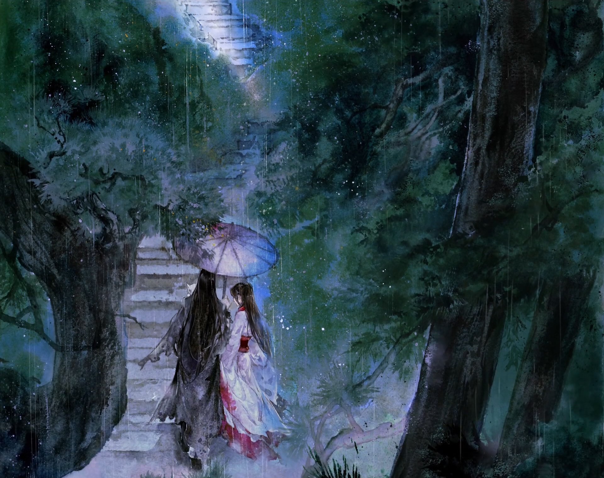 HD PC desktop wallpaper: anime scene from Mo Dao Zu Shi — Wen Qing and Wen Ning walk under an umbrella through a misty, moonlit forest beside stone steps.
