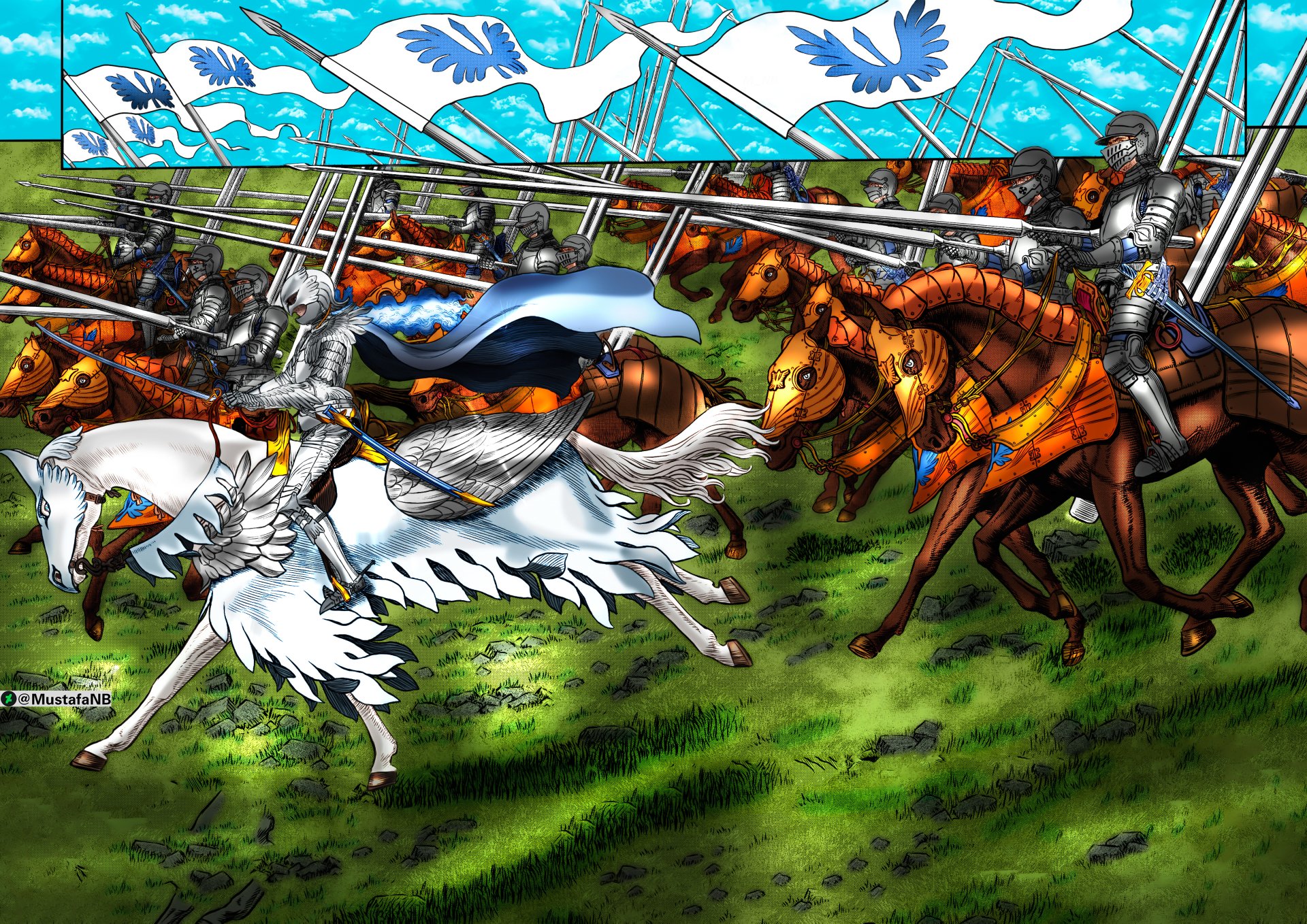 High-detail 4K Ultra HD anime wallpaper featuring Griffith leading an army in armor, charging into battle on horseback from the Berserk series.