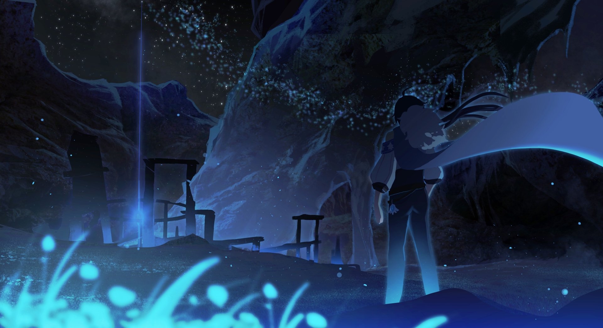 4K Ultra HD PC wallpaper featuring Kaeya from the video game Genshin Impact, set in a mystical, glowing nighttime cave environment.