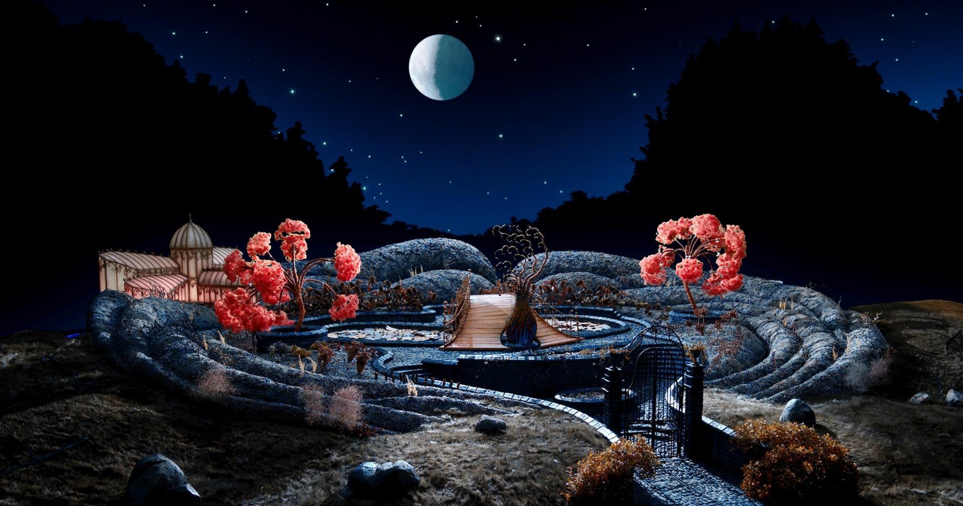 HD PC desktop wallpaper from the movie Coraline featuring a moonlit, surreal garden with winding stone paths and vibrant red flowers against a dark night sky.