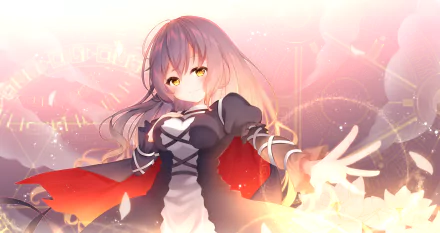 Byakuren Hijiri (Touhou) in flowing robes and warm light, reaching out amid sparkles — 5K Ultra HD anime PC desktop wallpaper/background.