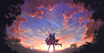 Anime HD desktop wallpaper featuring Ram and Rem from Re:Zero standing together against a vibrant sunset sky with dramatic clouds and a shooting star.