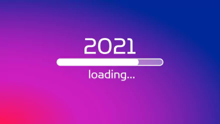 Holiday New Year 2021 4K Ultra HD PC desktop wallpaper: white 2021 with a progress bar and loading... over a vibrant pink-to-blue gradient background.
