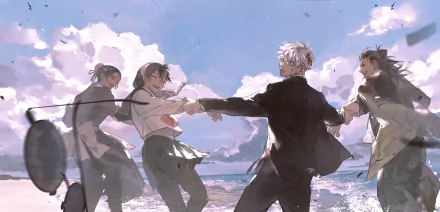 HD desktop wallpaper of Jujutsu Kaisen featuring Misato Kuroi, Satoru Gojo, Suguru Geto, and Riko Amanai in a dynamic beach setting with dramatic clouds.