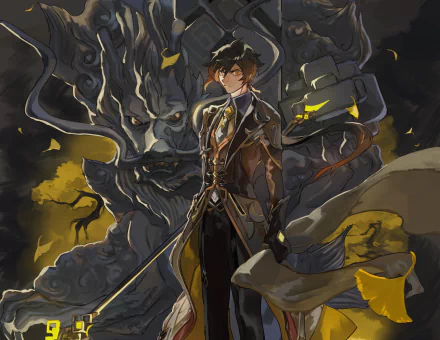 Zhongli from Genshin Impact in brown-and-gold attire, holding his polearm before a swirling Geo stone guardian with drifting gold petals — 2K Quad HD PC desktop wallpaper.