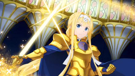 Alice Zuberg in golden armor raising a glowing sword in a cathedral — video game Sword Art Online: Alicization (Alicization Rising Steel) 2K Quad HD PC desktop wallpaper.