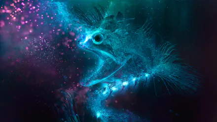 Abstract 3D HD desktop wallpaper and background featuring a glowing, ethereal fish surrounded by vibrant colors and particles in a dark setting.