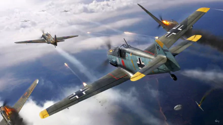 2K Quad HD desktop wallpaper: dramatic military aerial dogfight with Hawker Hurricanes and Messerschmitt Bf 109 warplanes against a cloudy sky, tracers and engine flames.