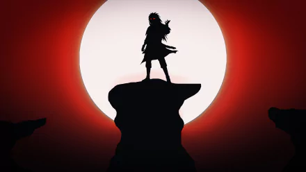Silhouetted Madara Uchiha from Naruto stands on a rock against a large glowing moon with a red sky, captured in an HD anime desktop wallpaper.
