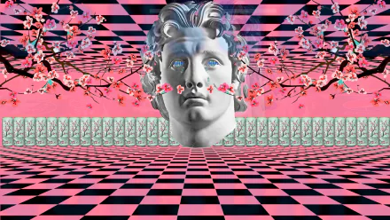Artistic vaporwave 2K Quad HD PC wallpaper: monumental Greco‑Roman bust with blue eyes, cherry blossoms and repeating Arizona Iced Tea cans over a pink‑black checkerboard.