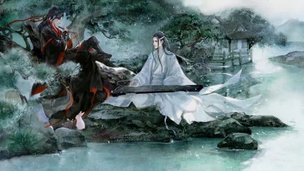 HD PC wallpaper featuring Wei Wuxian and Lan Wangji from the anime Mo Dao Zu Shi, set in a misty, traditional landscape with ethereal tones.