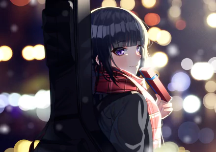Anime girl with black hair and purple eyes blushes at night, wearing a red scarf and dark coat, leaning on a guitar case against bokeh lights — HD PC desktop wallpaper background.