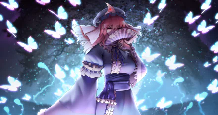 4K Ultra HD anime desktop wallpaper featuring Yuyuko Saigyouji from Touhou, surrounded by glowing blue butterflies in a mystical night setting.