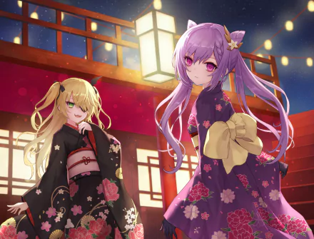 A vibrant 4K Ultra HD wallpaper featuring Keqing and Fischl from Genshin Impact, both adorned in colorful kimonos, with striking hair colors and enchanting eyes against a festive backdrop.
