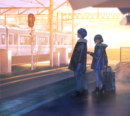 Anime-style HD wallpaper featuring a couple at a train station during sunset. The scene is richly detailed with warm, glowing light and an arriving train in the background.