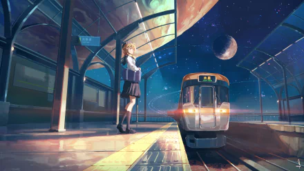 Anime-style 4K Ultra HD desktop wallpaper of a girl waiting at a night train station under a starry sky with planets visible, featuring a modern train.