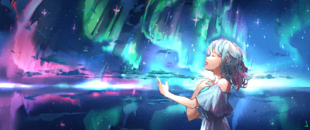 HD anime desktop wallpaper featuring an anime girl with silver hair reaching out beneath vibrant northern lights over a reflective, starry landscape.
