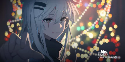 HD desktop wallpaper featuring Lappland from the video game Arknights, with vibrant bokeh lights creating a colorful and atmospheric background.