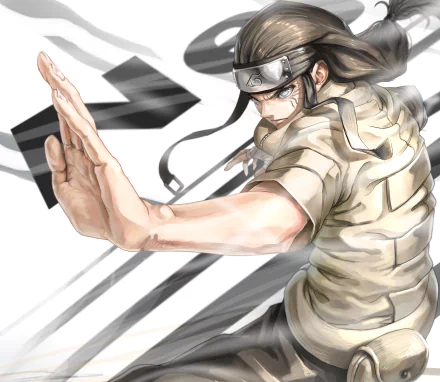 Neji Hyūga from Naruto in a dynamic palm-strike pose, anime-style 2K Quad HD PC desktop wallpaper/background with flowing headband, white clothing and bold motion lines.