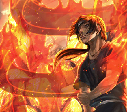 Itachi Uchiha from Naruto is depicted in a dynamic anime-style 4K Ultra HD wallpaper with fiery orange and red tones enhancing the intense atmosphere.