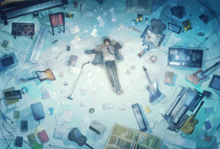 HD anime desktop wallpaper featuring a boy surrounded by various musical instruments and scattered sheets, creating a serene and artistic atmosphere.