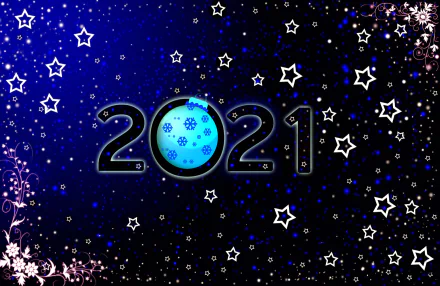 Holiday New Year 2021 HD PC desktop wallpaper: deep blue starry background with glowing 2021, the zero a blue ornamental globe, and scattered white stars and sparkles.