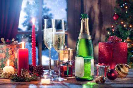 4K Ultra HD desktop wallpaper featuring a festive New Year celebration with candles, champagne bottle, glasses, wrapped gifts, and holiday decorations by a window.