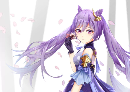 HD PC wallpaper featuring Keqing from Genshin Impact with long purple hair, animal ears, purple eyes, and a flower accessory, set against a soft white background with falling petals.