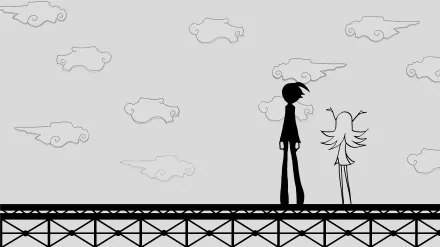 Silhouettes of Koyomi Araragi and Shinobu Oshino from Bakemonogatari stand side by side against a stylized sky with clouds, featured in an 8K Ultra HD Monogatari series wallpaper.