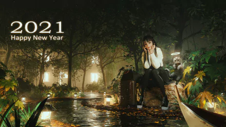 HD PC desktop wallpaper: an anime girl and her anime cat sit by lantern-lit water at night in a tranquil forest, with 2021 Happy New Year text.