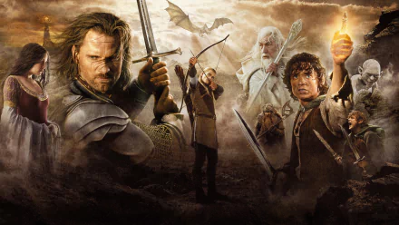 HD desktop wallpaper featuring key characters from The Lord of the Rings: The Return of the King in a dynamic battle scene.