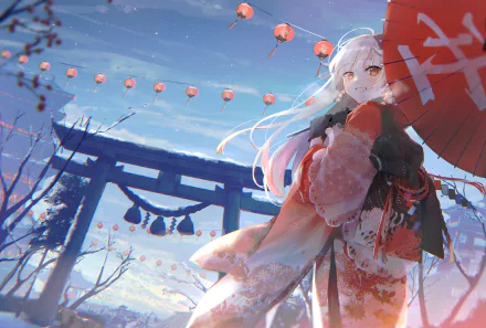 Anime girl with long white hair and red eyes, wearing a kimono, holding an umbrella, standing by a torii with lanterns in the background. HD desktop wallpaper and background. Features Japanese elements.