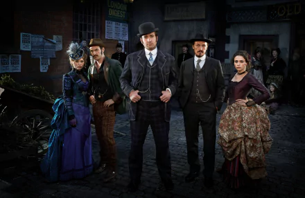 HD wallpaper featuring characters from Ripper Street standing confidently on a cobbled street, poised for drama.
