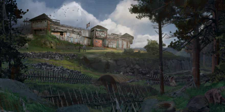 HD desktop wallpaper from Back 4 Blood featuring a fortified outpost amid a desolate landscape.