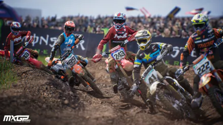 HD wallpaper of MXGP 2020 motocross video game featuring racers competing on a dirt track.