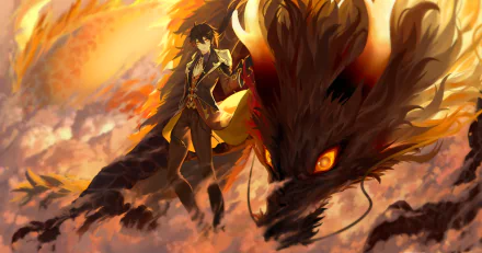 A stunning HD wallpaper featuring Rex Lapis and Zhongli from Genshin Impact, set against a dramatic backdrop of fiery clouds and a majestic dragon.