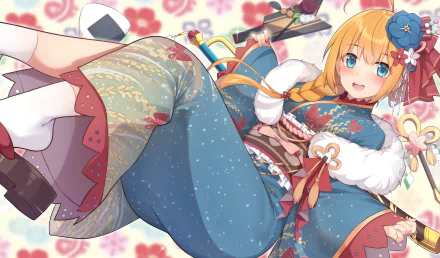 HD PC desktop wallpaper of Pecorine from Princess Connect! Re:Dive, featuring her blonde hair in a braid, blue eyes, and wearing a detailed blue and gold kimono.