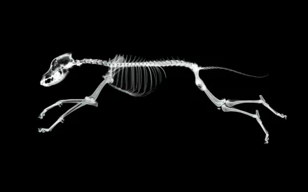 X-ray vision captures a striking image of a black background showcasing the skeletal structure of a dog in motion. A captivating HD wallpaper and background featuring bones.