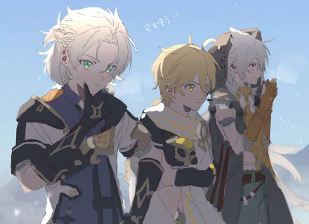 HD PC desktop wallpaper featuring Razor, Albedo, and Aether from the video game Genshin Impact against a bright blue sky background.