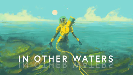 HD desktop wallpaper featuring a diver in a yellow suit exploring the ocean of 'In Other Waters' game, with title text overlay.
